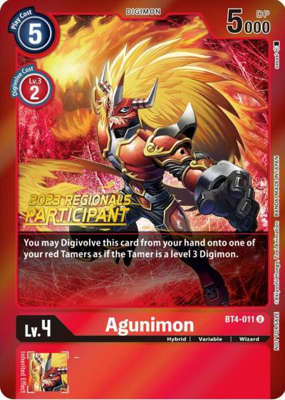 Agunimon 2023 Regionals Participant BT4-011 U Great Legend Digimon card