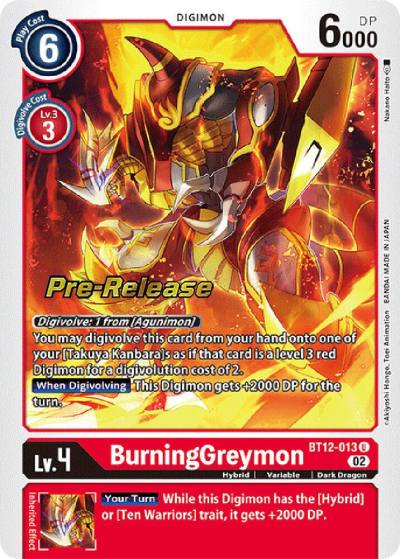 BurningGreymon BT12-013 U Across Time Pre-Release Cards Digimon card