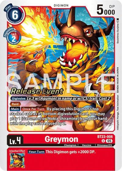 Greymon BT23-008 U Hackers' Slumber Release Event Cards Digimon card