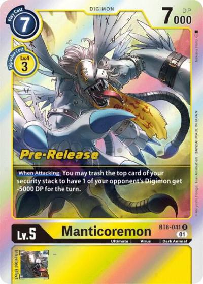 Manticoremon BT6-041 R Double Diamond Pre-Release Cards Digimon card