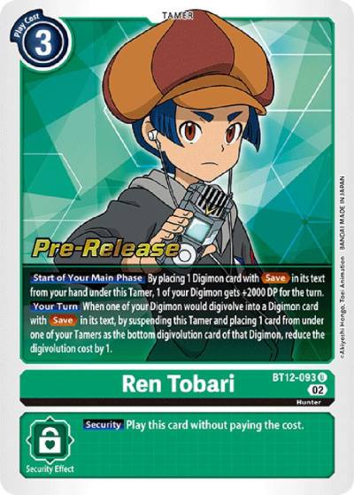 Ren Tobari BT12-093 U Across Time Pre-Release Cards Digimon card