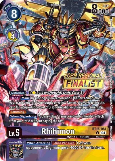 Rhihimon 2025 Regionals Finalist BT18-081 U Release Special Booster 2.0 Digimon card