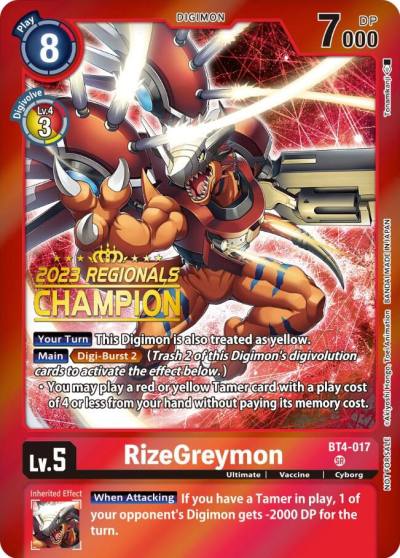 RizeGreymon 2023 Regionals Champion BT4-017 SR Great Legend Digimon card