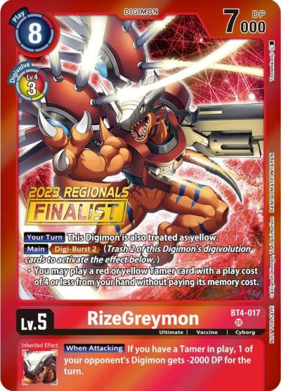 RizeGreymon 2023 Regionals Finalist BT4-017 SR Great Legend Digimon card