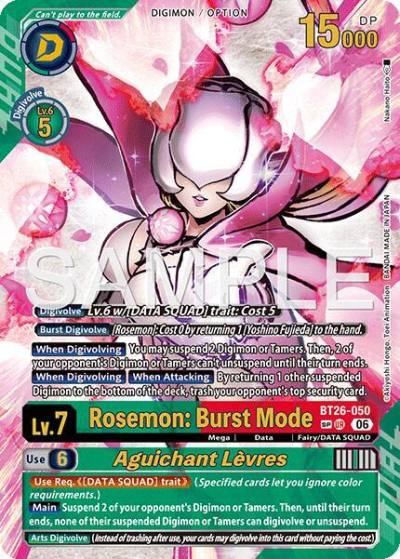 Rosemon: Burst Mode // Aguichant Levres SP BT26-050 SP Timeless Bonds Digimon card