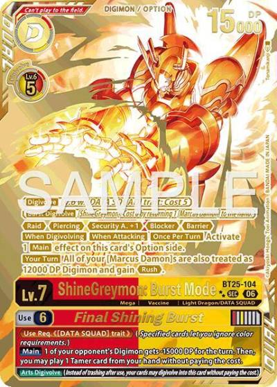 ShineGreymon: Burst Mode // Final Shining Burst Rare Pull BT25-104 SEC Dual Revolution Digimon card