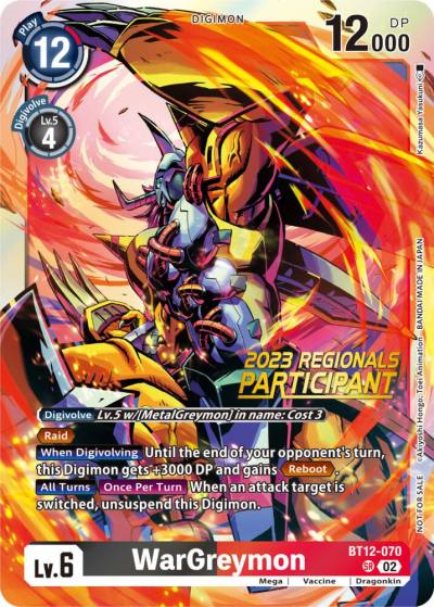 WarGreymon 2023 Regionals Participant BT12-070 SR Across Time Digimon card
